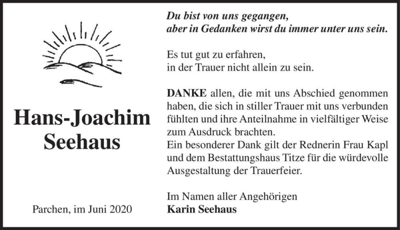  Traueranzeige für Hans-Joachim Seehaus  vom 20.06.2020 aus Magdeburger Volksstimme