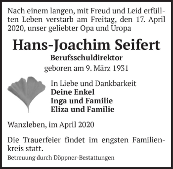Traueranzeige von Hans-Joachim Seifert  von Magdeburger Volksstimme
