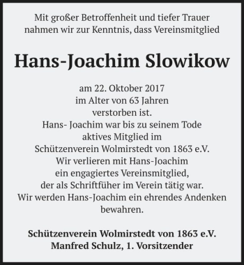 Traueranzeige von Hans-Joachim Slowikow  von Magdeburger Volksstimme