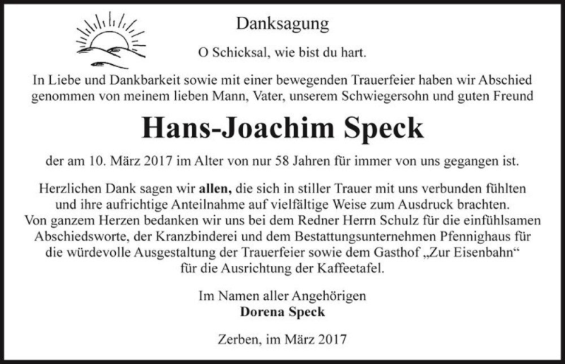  Traueranzeige für Hans-Joachim Speck  vom 25.03.2017 aus Magdeburger Volksstimme