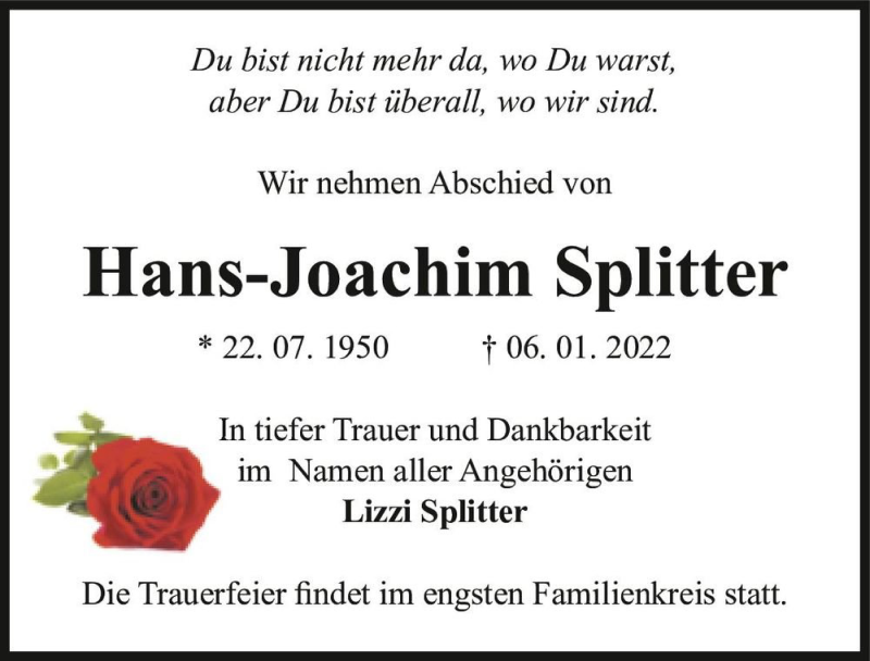  Traueranzeige für Hans-Joachim Splitter  vom 22.01.2022 aus Magdeburger Volksstimme