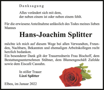 Traueranzeige von Hans-Joachim Splitter  von Magdeburger Volksstimme