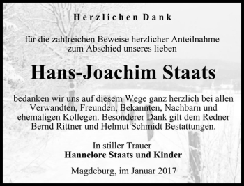 Traueranzeige von Hans-Joachim Staats  von Magdeburger Volksstimme