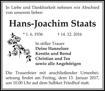 Traueranzeige von Hans-Joachim Staats  von Magdeburger Volksstimme