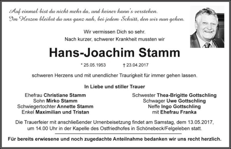  Traueranzeige für Hans-Joachim Stamm  vom 10.05.2017 aus Magdeburger Volksstimme