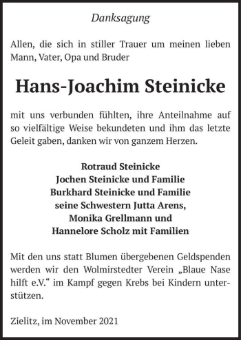 Traueranzeige von Hans-Joachim Steinicke  von Magdeburger Volksstimme
