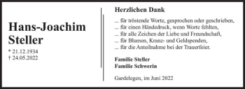 Traueranzeige von Hans-Joachim Steller  von Magdeburger Volksstimme