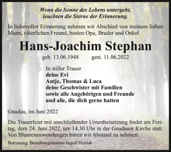 Traueranzeige von Hans-Joachim Stephan  von Magdeburger Volksstimme