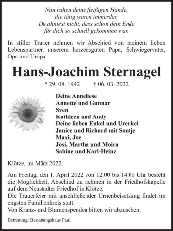 Traueranzeige von Hans-Joachim Sternagel  von Magdeburger Volksstimme