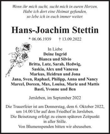 Traueranzeige von Hans-Joachim Stettin  von Magdeburger Volksstimme