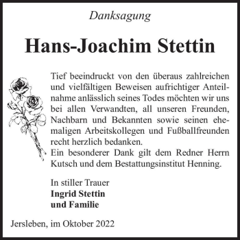 Traueranzeige von Hans-Joachim Stettin  von Magdeburger Volksstimme