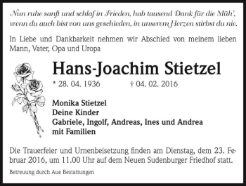 Traueranzeige von Hans-Joachim Stietzel  von Magdeburger Volksstimme