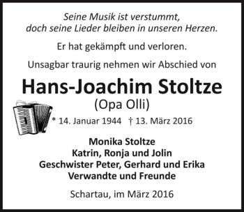Traueranzeige von Hans-Joachim Stoltze (Opa Olli)  von Magdeburger Volksstimme