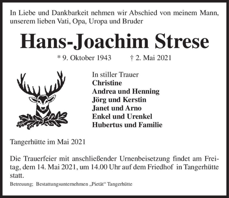  Traueranzeige für Hans-Joachim Strese  vom 08.05.2021 aus Magdeburger Volksstimme