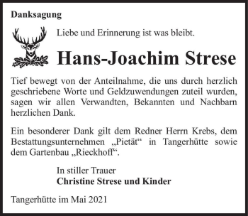 Traueranzeige von Hans-Joachim Strese  von Magdeburger Volksstimme