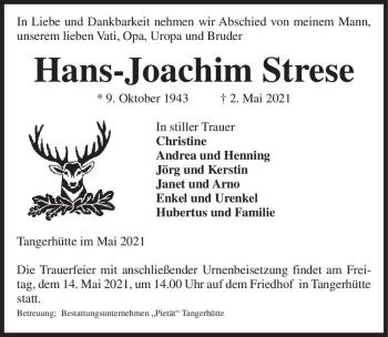 Traueranzeige von Hans-Joachim Strese  von Magdeburger Volksstimme