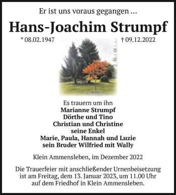 Traueranzeige von Hans-Joachim Strumpf  von Magdeburger Volksstimme