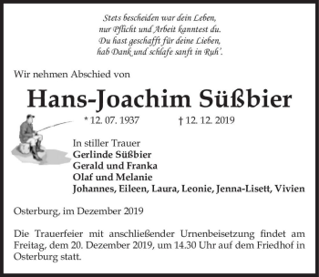 Traueranzeige von Hans-Joachim Süßbier  von Magdeburger Volksstimme