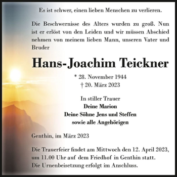 Traueranzeige von Hans-Joachim Teickner  von Magdeburger Volksstimme