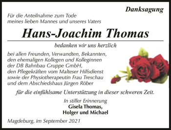 Traueranzeige von Hans-Joachim Thomas  von Magdeburger Volksstimme