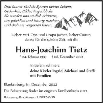 Traueranzeige von Hans-Joachim Tietz  von Magdeburger Volksstimme