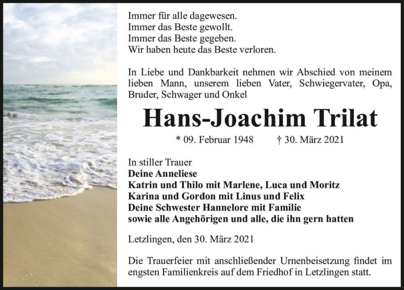  Traueranzeige für Hans-Joachim Trilat  vom 07.04.2021 aus Magdeburger Volksstimme