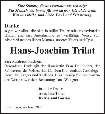 Traueranzeige von Hans-Joachim Trilat  von Magdeburger Volksstimme