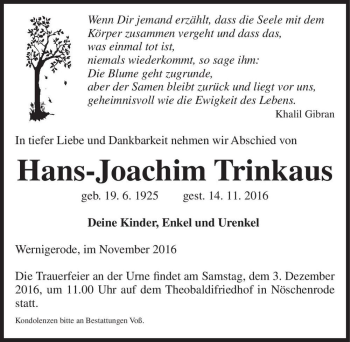 Traueranzeige von Hans-Joachim Trinkaus  von Magdeburger Volksstimme