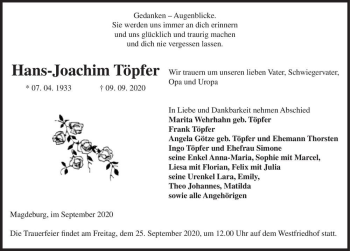 Traueranzeige von Hans-Joachim Töpfer  von Magdeburger Volksstimme