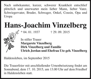 Traueranzeige von Hans-Joachim Vinzelberg  von Magdeburger Volksstimme