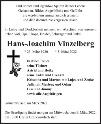 Traueranzeige von Hans-Joachim Vinzelberg  von Magdeburger Volksstimme