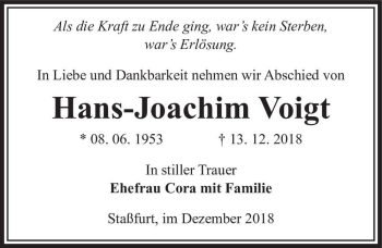 Traueranzeige von Hans-Joachim Voigt  von Magdeburger Volksstimme