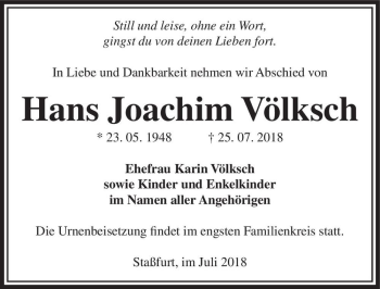 Traueranzeige von Hans-Joachim Völksch  von Magdeburger Volksstimme