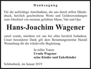 Traueranzeige von Hans-Joachim Wagener  von Magdeburger Volksstimme