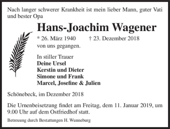 Traueranzeige von Hans-Joachim Wagener  von Magdeburger Volksstimme