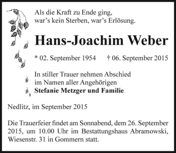 Traueranzeige von Hans-Joachim Weber  von Magdeburger Volksstimme