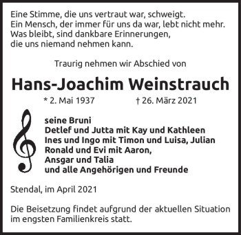 Traueranzeige von Hans-Joachim Weinstrauch  von Magdeburger Volksstimme