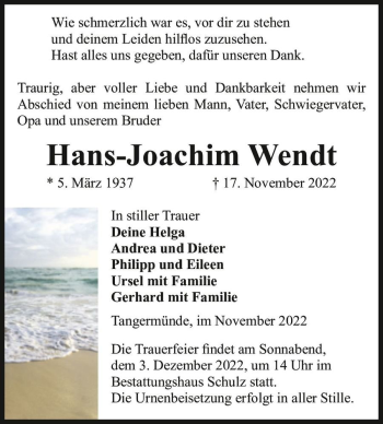 Traueranzeige von Hans-Joachim Wendt  von Magdeburger Volksstimme