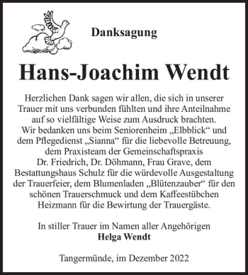 Traueranzeige von Hans-Joachim Wendt  von Magdeburger Volksstimme