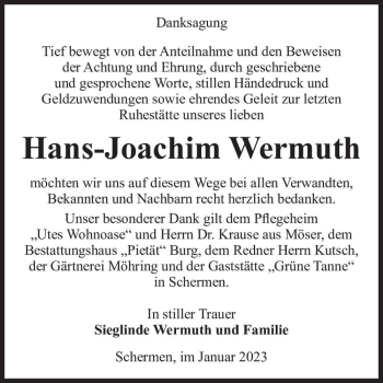 Traueranzeige von Hans-Joachim Wermuth  von Magdeburger Volksstimme