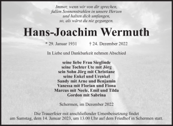 Traueranzeige von Hans-Joachim Wermuth  von Magdeburger Volksstimme