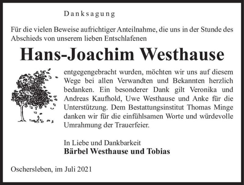  Traueranzeige für Hans-Joachim Westhause  vom 24.07.2021 aus Magdeburger Volksstimme