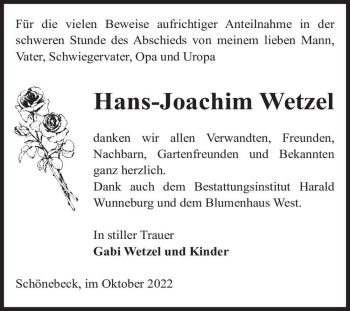 Traueranzeige von Hans-Joachim Wetzel  von Magdeburger Volksstimme