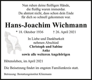 Traueranzeige von Hans-Joachim Wichmann  von Magdeburger Volksstimme