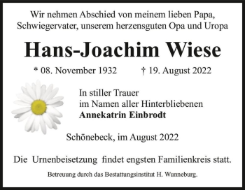 Traueranzeige von Hans-Joachim Wiese  von Magdeburger Volksstimme