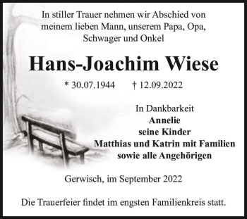 Traueranzeige von Hans-Joachim Wiese  von Magdeburger Volksstimme