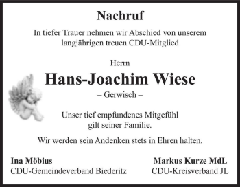 Traueranzeige von Hans-Joachim Wiese  von Magdeburger Volksstimme