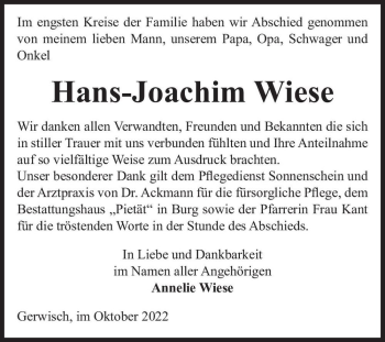Traueranzeige von Hans-Joachim Wiese  von Magdeburger Volksstimme