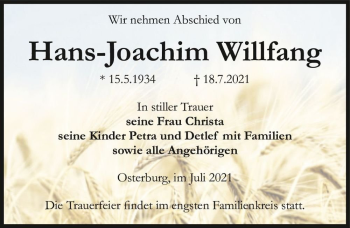 Traueranzeige von Hans-Joachim Willfang  von Magdeburger Volksstimme