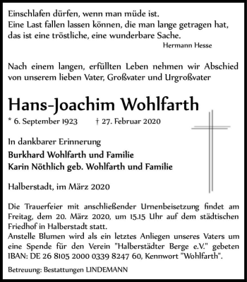 Traueranzeige von Hans-Joachim Wohlfahrt  von Magdeburger Volksstimme